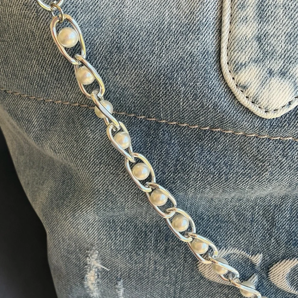 Bag Long Pearl Chain Strap 32.5” Silver Luxe Coquette Elegant Statement Purse